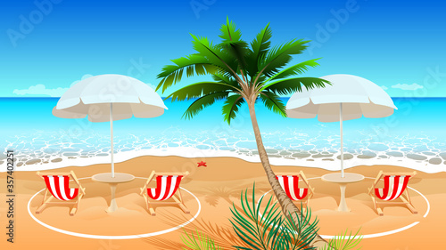 Beach holiday after coronavirus covid 19 epidemic. Chaise longue social distance. Vector cartoon illustration