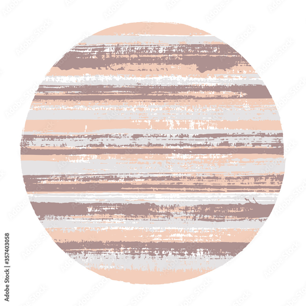 Ragged circle vector geometric shape with striped texture of paint horizontal lines. Old paint texture disk. Label round shape circle logo element with grunge background of stripes.