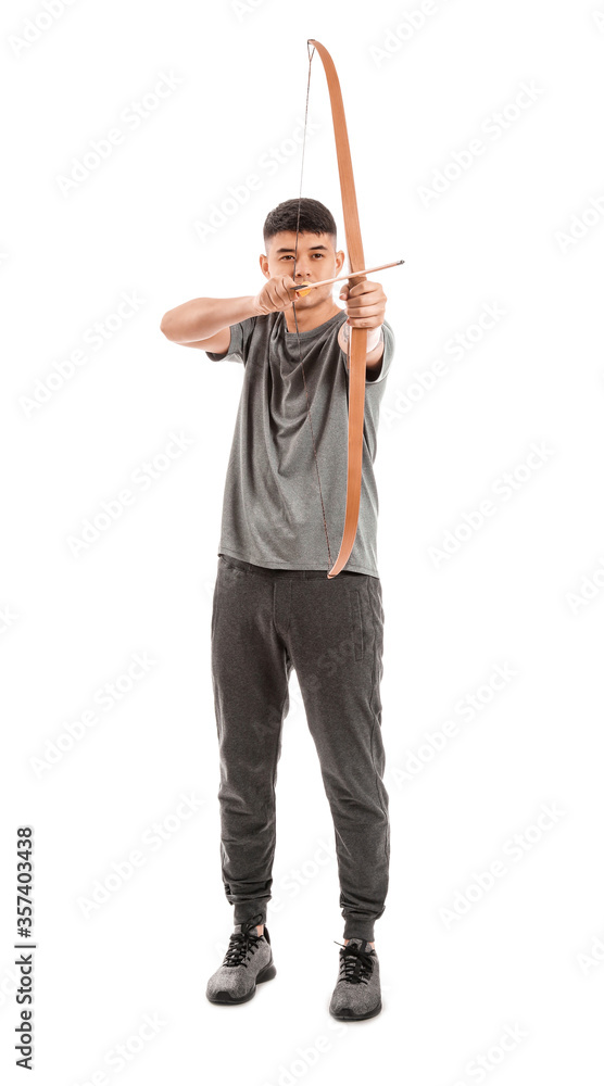 Handsome Asian archer with bow on white background Handsome Asian archer with bow on white background