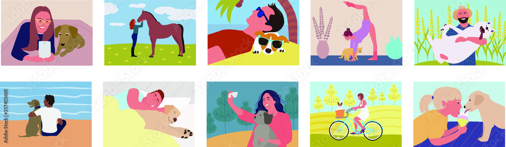 Fototapeta premium Set of scenes with pet owners. A collection of cute funny men and women spending time with their pets, walking, hugging and playing with them. Flat cartoon colorful vector illustration.