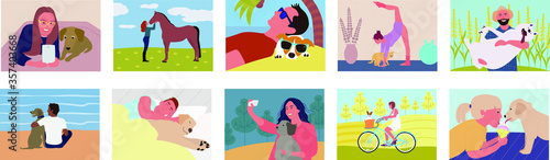 Set of scenes with pet owners. A collection of cute funny men and women spending time with their pets, walking, hugging and playing with them. Flat cartoon colorful vector illustration.