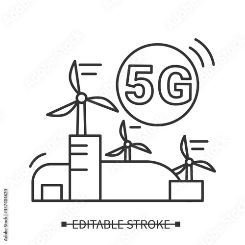 5G green energy icon. Windmill over smart city with 5G linear pictogram. Ecology and renewable power source in modern telecom technology illustration. Editable stroke vector for web and business