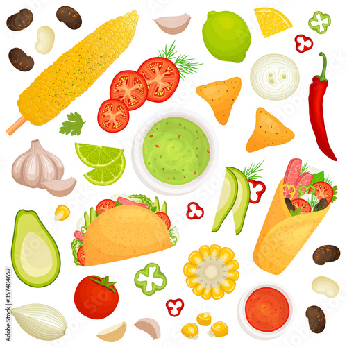 Dip mexican food. Set of various ingredients for cooking traditional mexican food. Vector illustration in cartoon style isolated on white. Popular street food burrito, guacamole, tacos, street corn.