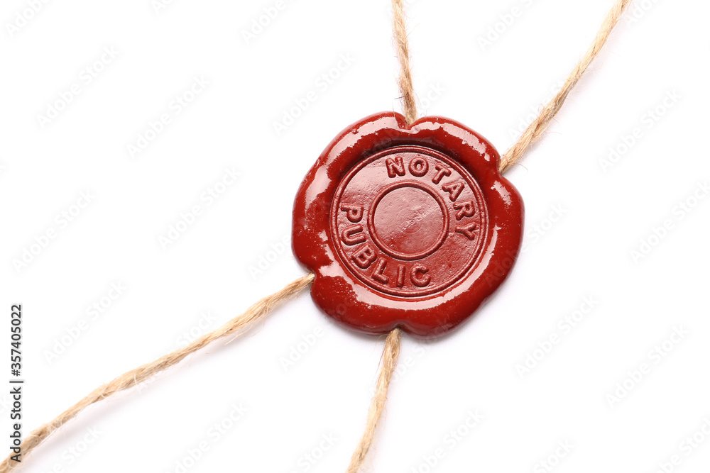Wax seal stamp of notary public on white background