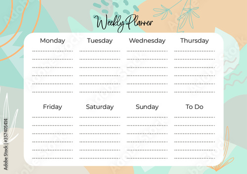 Stylish weekly planner with no date with floral decoration. To-do list for every day of the week. Self-organization. Scheduler Template. Vector stock illustration on isolated background.