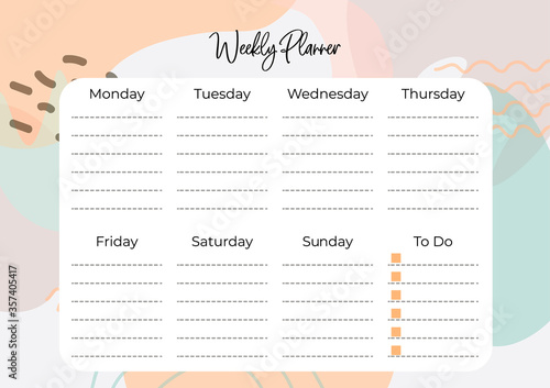 A4 Stylish weekly planner without a date with an abstract pattern- spots, lines. To-do list for every day of the week. Self-organization. Scheduler Template. Vector stock illustration