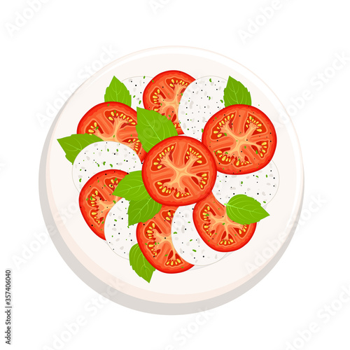 Caprese salad on a plate top view. A traditional Italian dish with tomatoes, mozzarella and basil. Vector illustration in cartoon style. Served salad isolated on a white background. Flatlay.