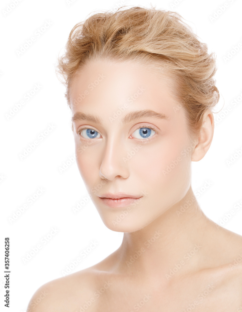 Vertical portrait of young beautiful blonde woman with blue eyes, concept of perfect skin care and beauty, isolated on white background Vertical portrait of young beautiful blonde woman with blue eyes, concept of perfect skin care and beauty, isolated on white background