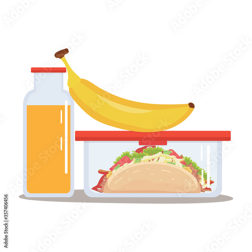 Lunch box meal container with taco, banana and an orange juice. School meal children stock vector illustration in flat cartoon style isolated on white background.