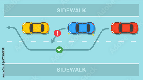 Driving a car. Overtaking or passing rules on the road. Safety drive. Flat vector illustration.