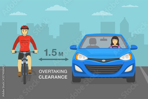 Female driver overtaking a cyclist on road. Front view of cycling bike rider. Keep your distance. Flat vector illustration.
