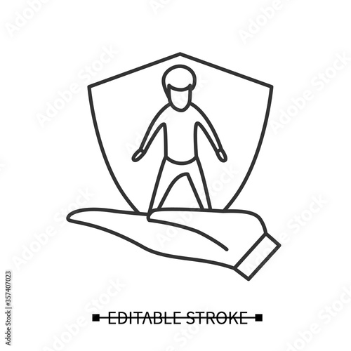 Child protection icon. Kid on a palm protected by shield line pictogram. Children rights, custody orphan protection concept. Editable stroke vector illustration for web and family law.