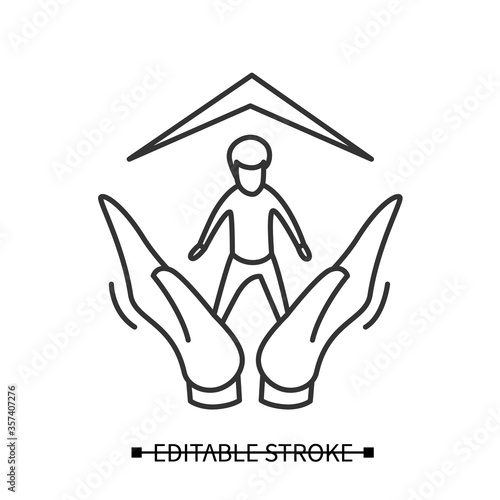 Child adoption icon. Boy avatar safe in loving hands, under new home roof. Concept pictogram for orphan adoption and child custody. Editable stroke vector illustration for web and social service.
