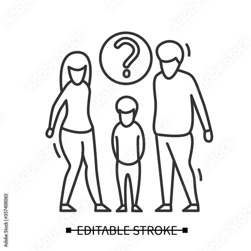 Custody assessment icon. Woman and man with orphan boy under question line pictogram. Step family parenting evaluation for child adoption concept. Editable stroke vector illustration.