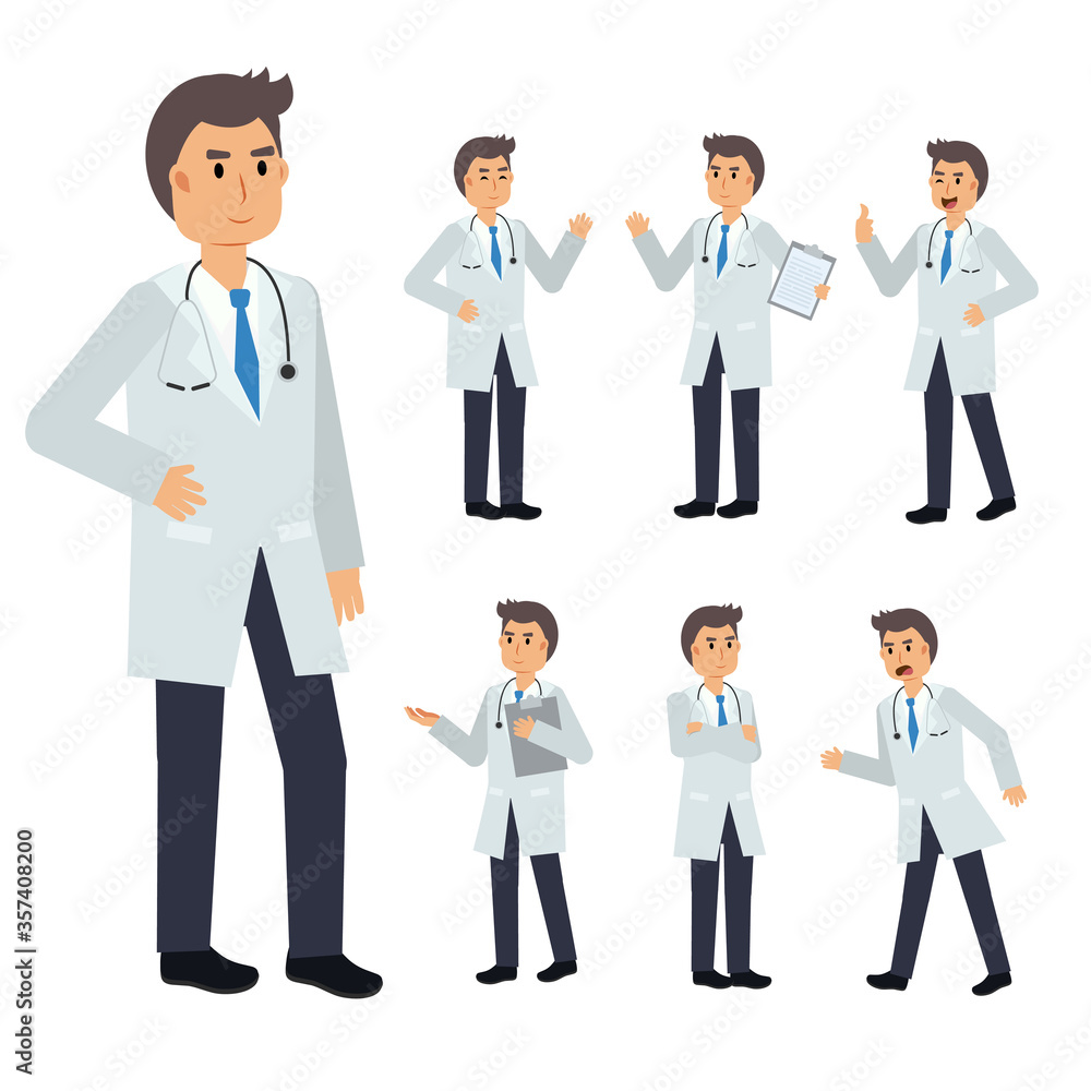 Vector Set of male Doctor character. medical Illustration.