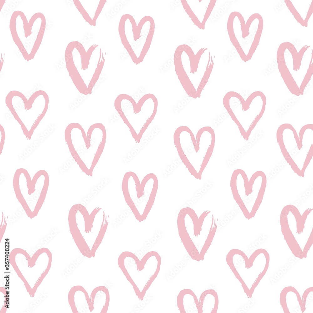 Seamless pattern from grunge handmade pink hearts on a white background