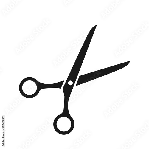 Opened scissors are isolated on a white background. Black silhouette of a scissors icon, EPS 10.