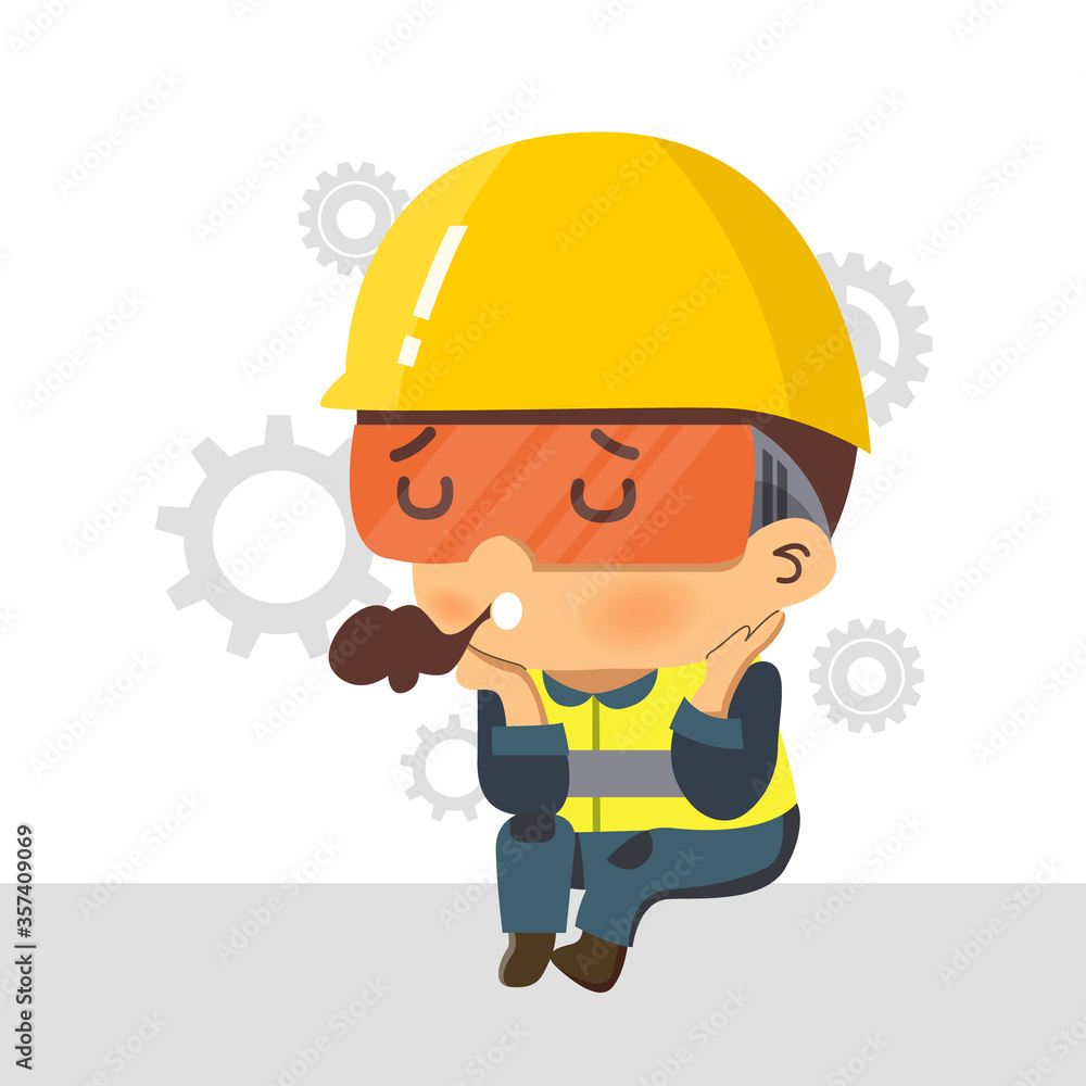 Character construction worker sitting and bored. Concept :burnout syndrome.safety First. Character construction worker sitting and bored. Concept :burnout syndrome.safety First.