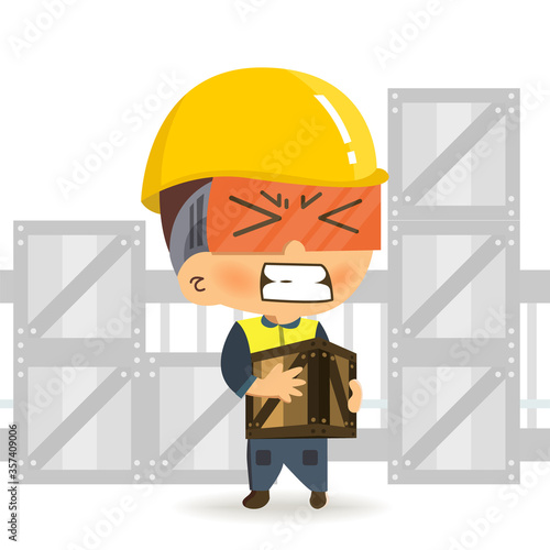 Character constructor worker cartoon of walking carrying heavy box and get pain from backache.