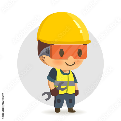 Construction worker holding a spanner or wrench.