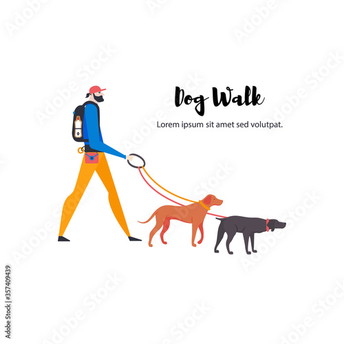 Cute dogs. Card with weimaraner, rhodesian ridgeback and personal dog-walker. Man with pets outdoors with text. 
