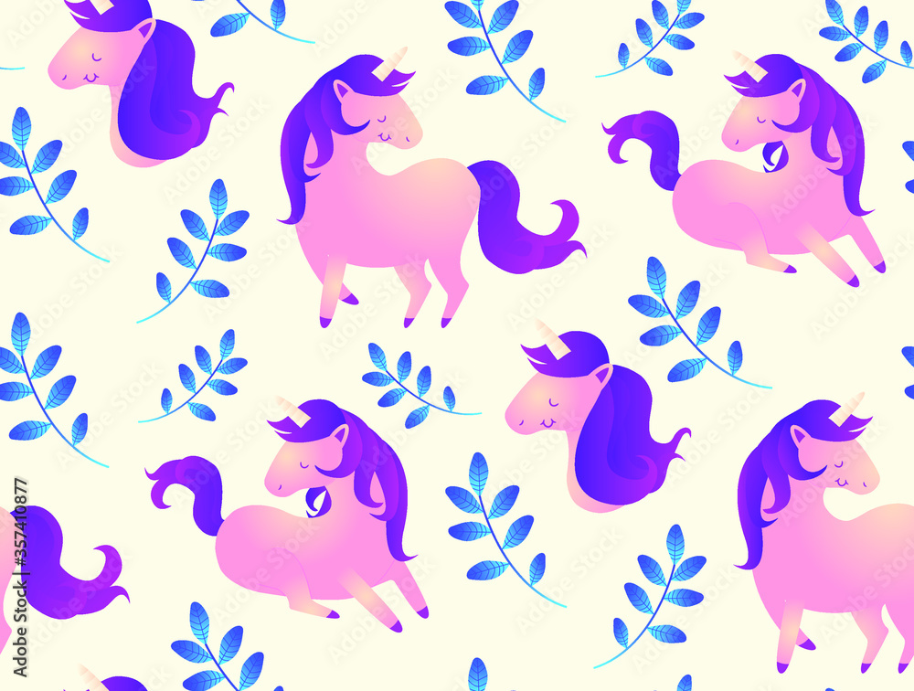 Background with cute unicorns and twigs. Seamless vector pattern. 