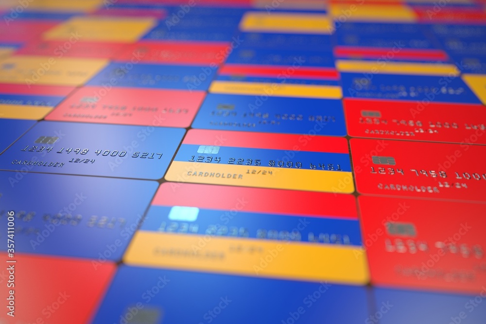 Flag of Armenia on plastic bank cards. National banking related 3D rendering Flag of Armenia on plastic bank cards. National banking related 3D rendering