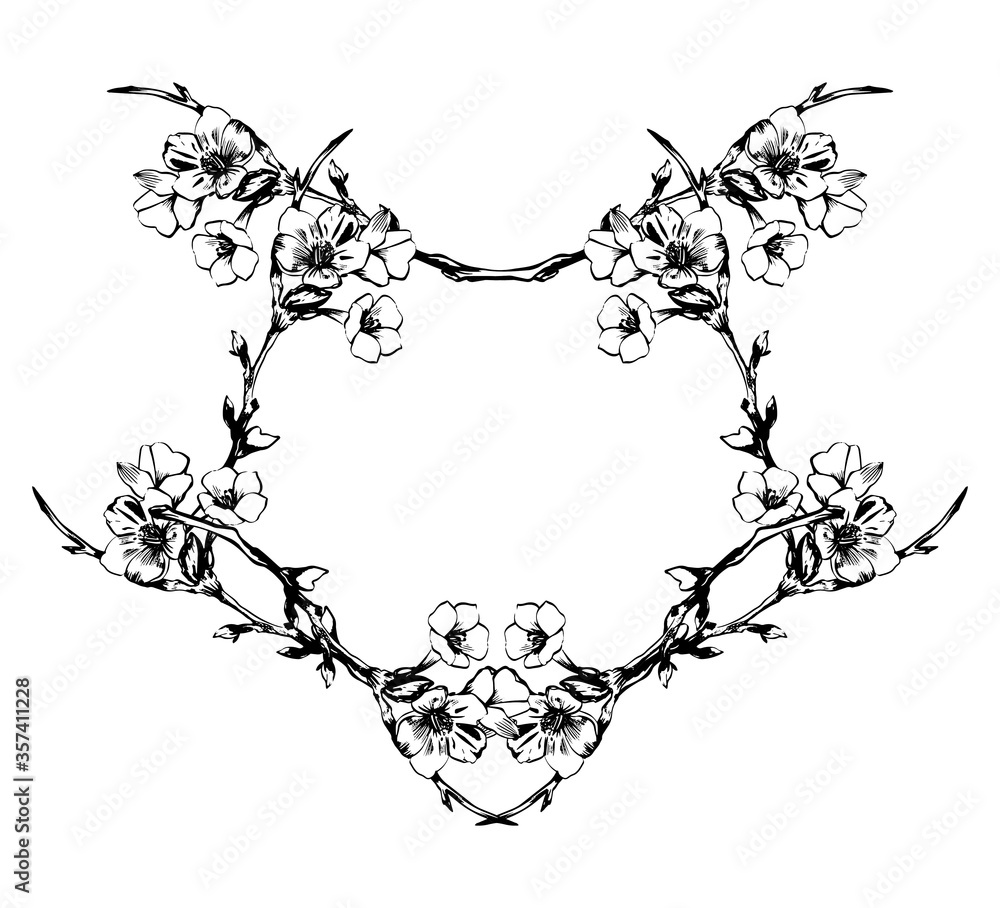Fototapeta premium Sketch Floral Botany frame. Apple tree branch with flower drawings.