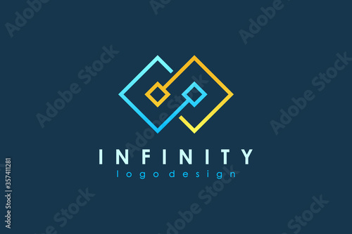 Infinity Logo. Blue and Yellow Geometric Square Line Style isolated on Dark Blue Background. Usable for Business and Technology Logos. Flat Vector Logo Design Template Element.