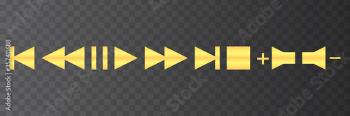 Golden player navigation buttons. Stop, pause, play, rewind, next track icons isolated vector set.