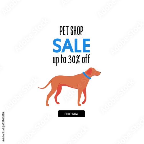 Cartoon style icons of a rhodesian ridgeback. Design template card or promotion banner for traveling with a dog. Text  Pet Shop. Sale. Up to 30  off .