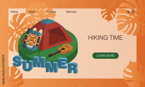 Tent, big travel backpack and guitar in clearing. Summer illustration about hiking and camping. Nature and eco tourism. Vacation concept. Isometric vector. Concept of touristic website, landing page