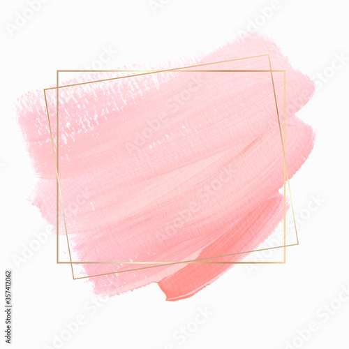 Pink brush stroke paint background vector over golden frame. Perfect design for headline and sale banner. 