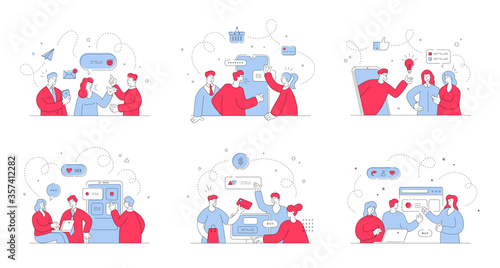 Shop managers working with clients. Set of flat line vector illustrations