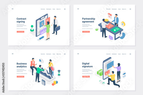 Deal, electronic document creation isometric landing page templates set
