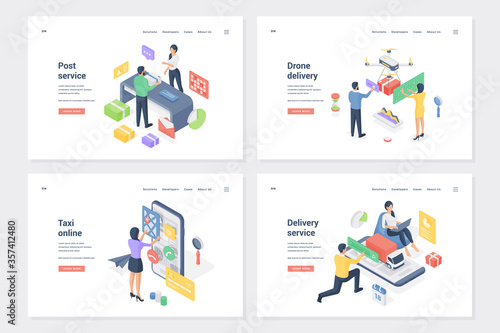 Pack shipping ways, delivery service applications isometric landing page templates set