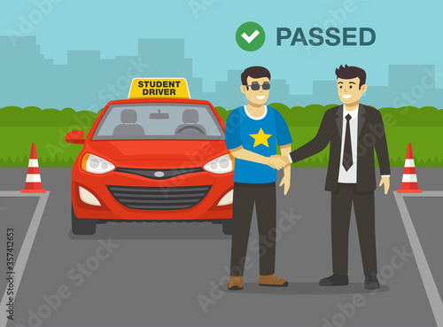 Young man passes his practical driving test. Examiner congratulates and shaking driver's hand. Flat vector illustration.
