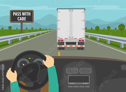Driving a car. Hands holding a steering wheel. Driver overtaking a truck trailer on highway. Flat vector illustration.