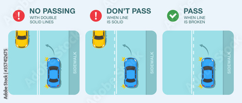 How to change the lanes safely. Use of street lines. Sedan car passing street lines. Top view of a vehicle. Flat vector illustration.