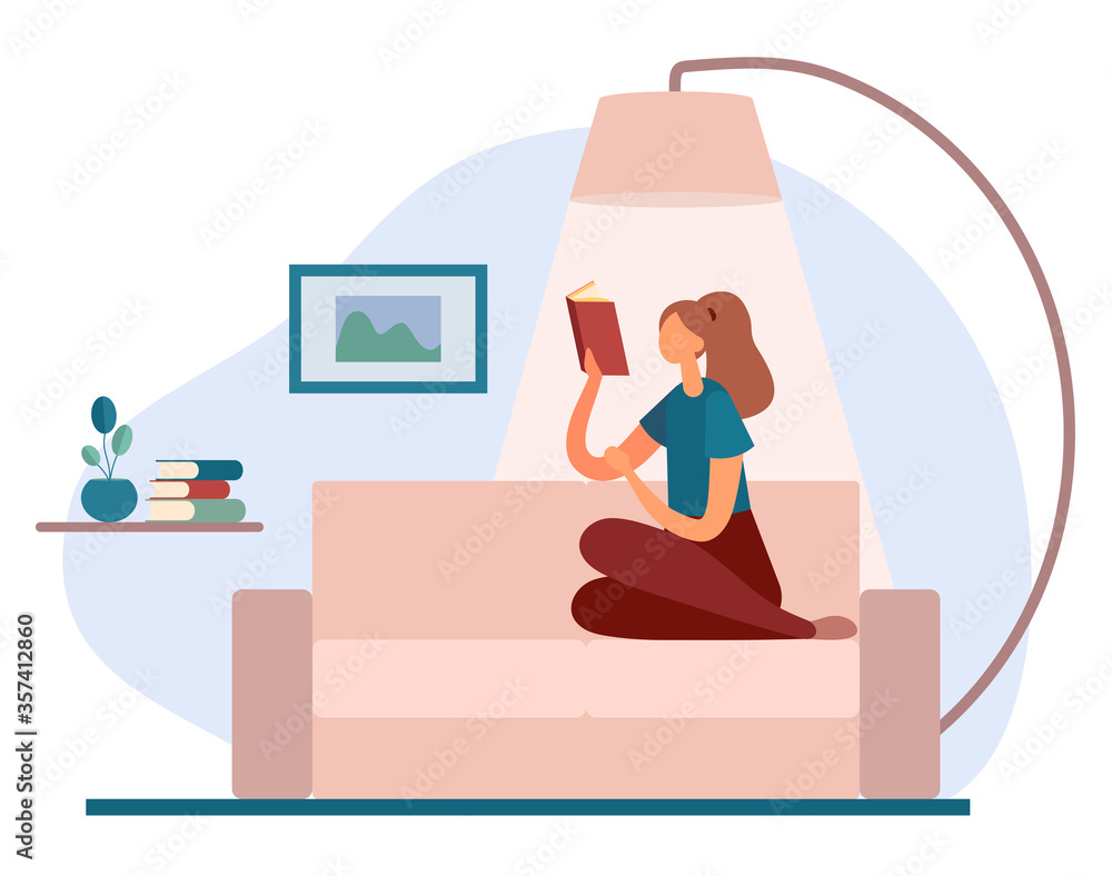 Woman reading book on sofa. Flat vector cartoon illustration