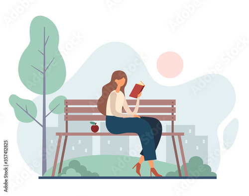 Woman reading book in park. Flat vector cartoon illustration