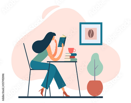 Smart woman reading book in cafe. Flat vector cartoon illustration