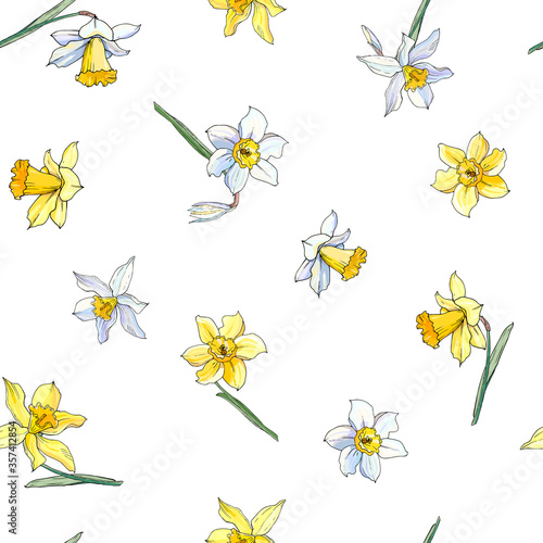 White and yellow daffodil floral seamless pattern. Hand drawn narcissus background. Spring easter backdrop. For greeting cards, invitations, decorations, floral prints, floristic design, wallpaper.