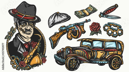 Mafia. Graphic tattoo collection. Noir movie art. Traditional tattooing style. Crime boss plays saxophone, retro criminal car, bandits weapons