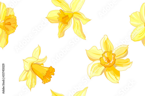 Seamless yellow daffodil  hand drawn floral pattern. Narcissus endless background. Spring easter backdrop. For greeting cards, invitations, decorations, floral prints, floristic design, wallpaper.