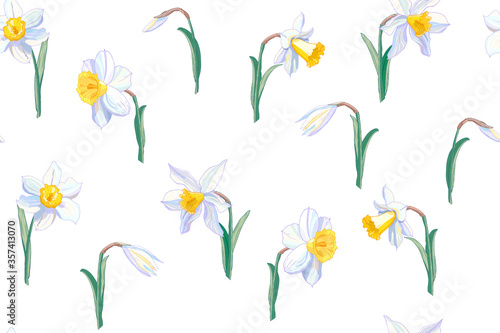Seamless white daffodil floral hand drawn pattern. Narcissus endless background. Spring easter backdrop. For greeting cards, invitations, decorations, floral prints, floristic design, wallpaper.