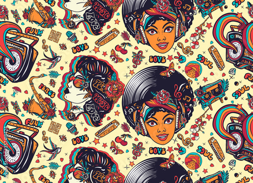 Disco, funk and soul music. African American funky woman. Fashion hippie girl, audio type and rainbow boom box. Lifestyle musical background. Old school art. Seamless pattern