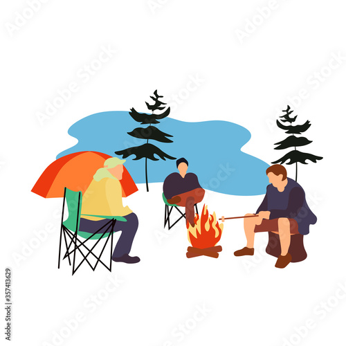 Vector stock illustration of a tent, campfire, tourists, outdoor recreation. Picnic in the woods by the lake. People are resting in the fresh air with an overnight stay. Camping. Weekend trip. Camp. 