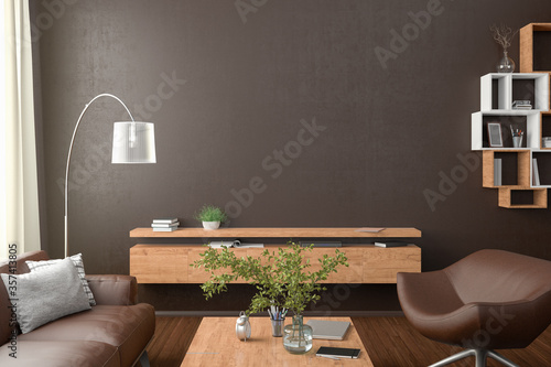 Blank brown wall mock up in the living room. 3d rendering