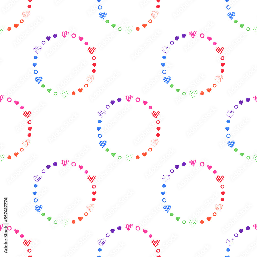 Seamless pattern made of hearts, rings, dots. Color pen illustration. Perfect for wedding wrapping, textile, patterns, cards, templates.